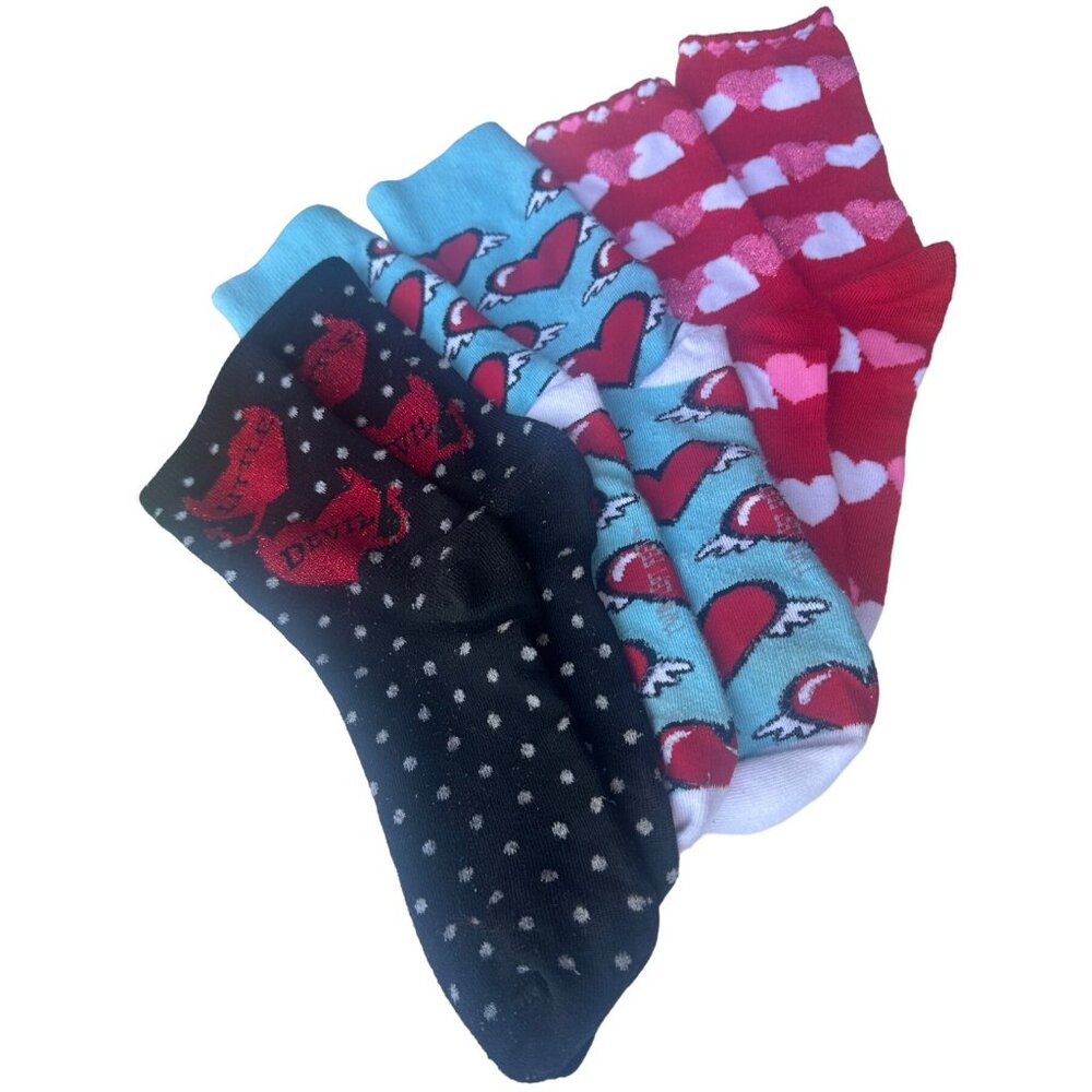 3 Pairs Colorful Valentine Hearts Mid-Calf Crew Socks Women's Shoe Size 5-11